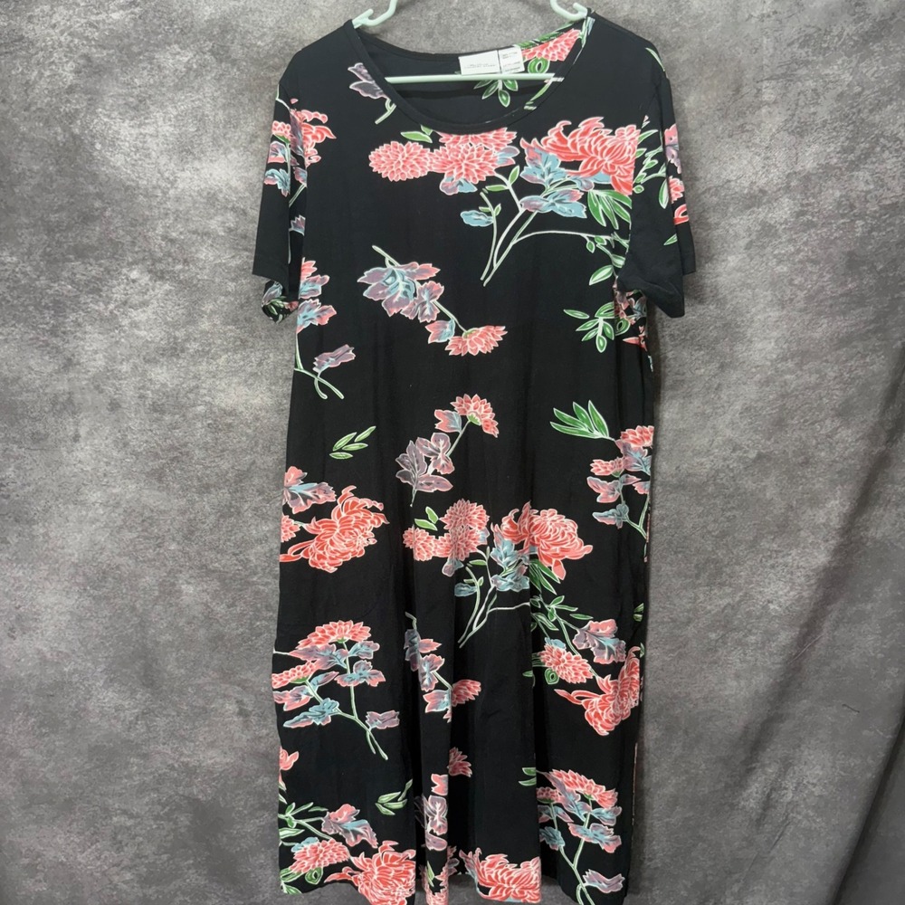 The Vermont Country Store Floral‎ Cotton T-Shirt Dress Size XL Black Pink